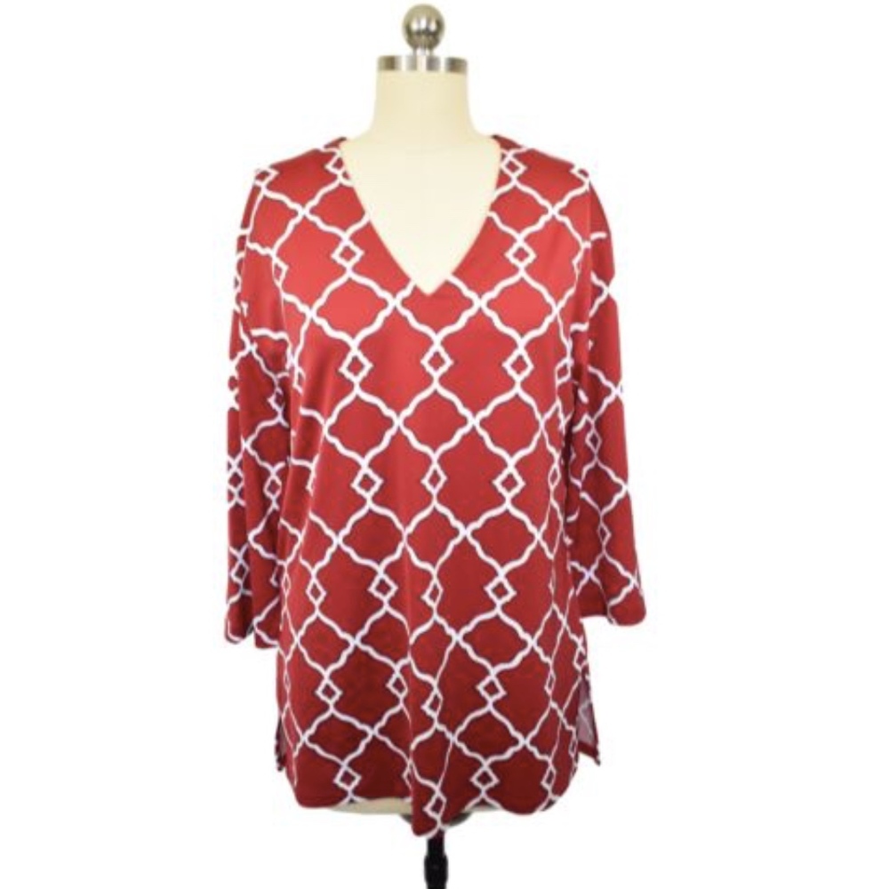 Tracy Negoshian Tunic Blouse Small Red Geometric ResortWear Preppy Chic Coastal